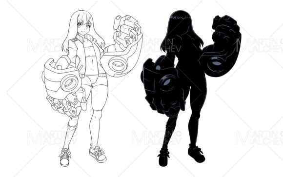 Anime Cowgirl Line Art and Silhouette